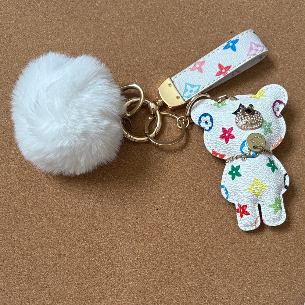 Colorful Bear Keychain with White Pom Pom up cycle Louis Vuitton ID number two